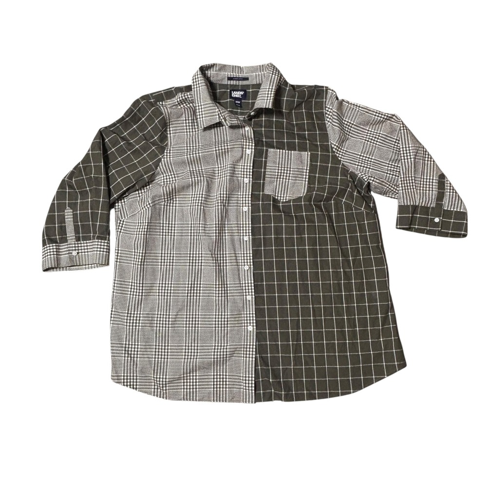 Lands End Womens 20W 2x green Plaid Patchwork Button Down Shirt No‎ Iron Supima